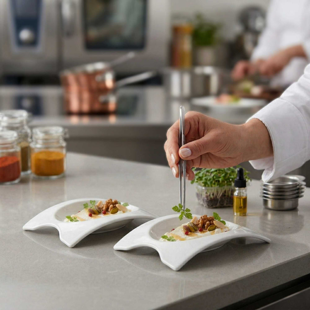 Chef 101 Rectangle White Porcelain Mini Concavo Dish - 4" x 3" x 3/4" - 10 count box
