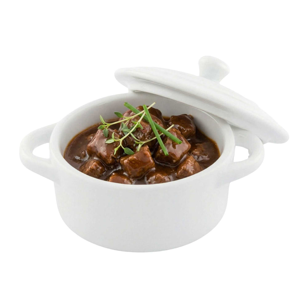 Chef 101 3 oz Round White Porcelain Mini Cocotte - 4 1/4" x 3" x 2 1/2" - 10 count box