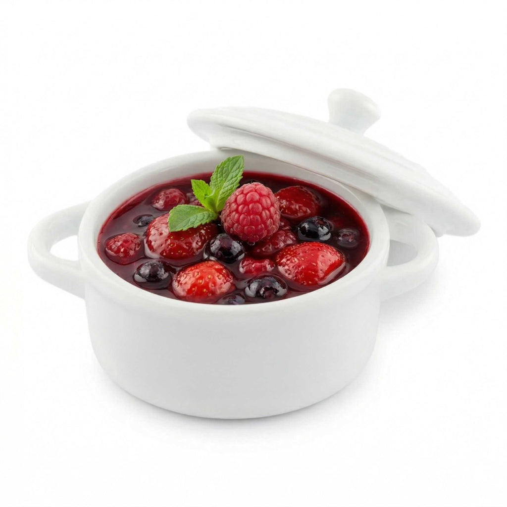 Chef 101 3 oz Round White Porcelain Mini Cocotte - 4 1/4" x 3" x 2 1/2" - 10 count box
