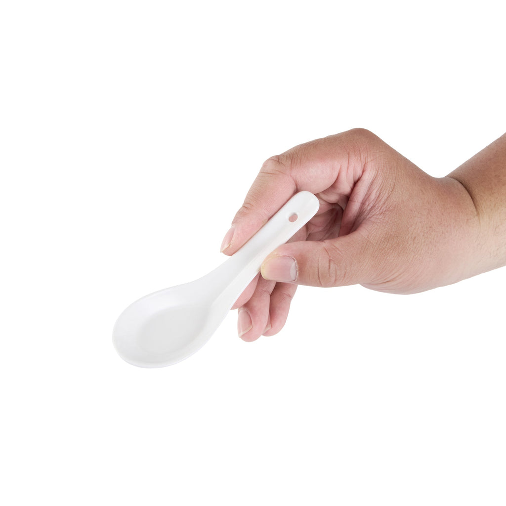 Chef 101 White Porcelain Asian Spoon - 5" x 1 3/4" x 2" - 10 count box