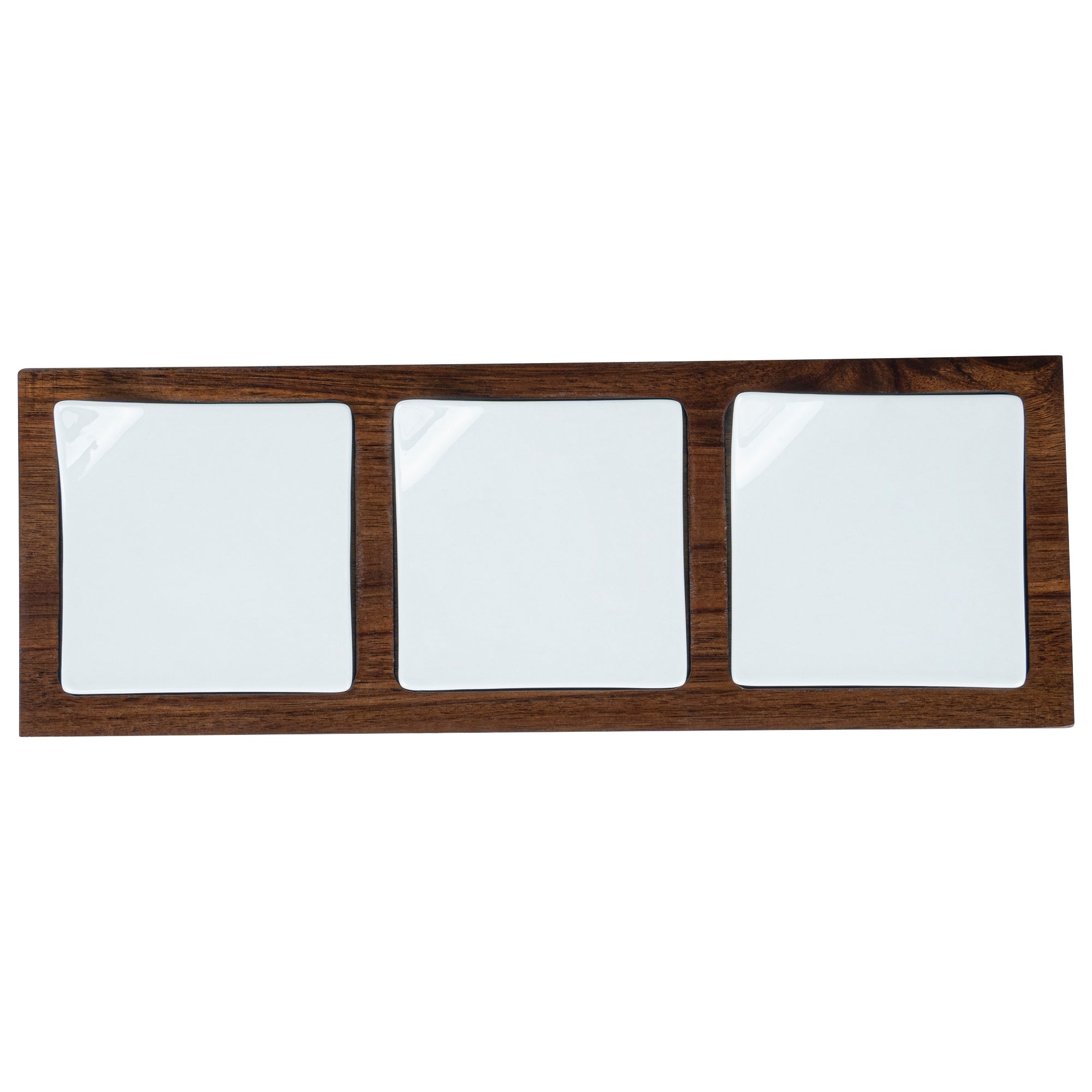 Chef 101 Rectangle White Porcelain Modern Flat Plate Set - 3 Plates, Bamboo Tray - 14 1/4" x 5" x 1 1/2" - 1 count box