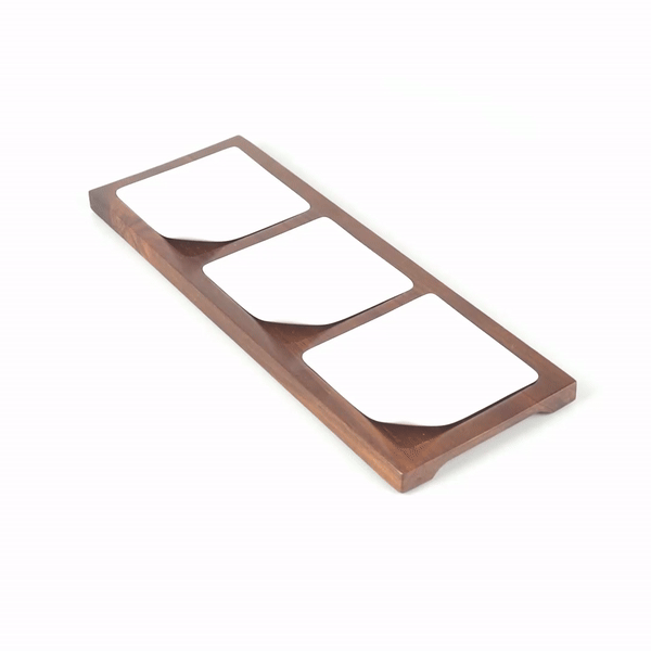 Chef 101 Rectangle White Porcelain Modern Flat Plate Set - 3 Plates, Bamboo Tray - 14 1/4" x 5" x 1 1/2" - 1 count box
