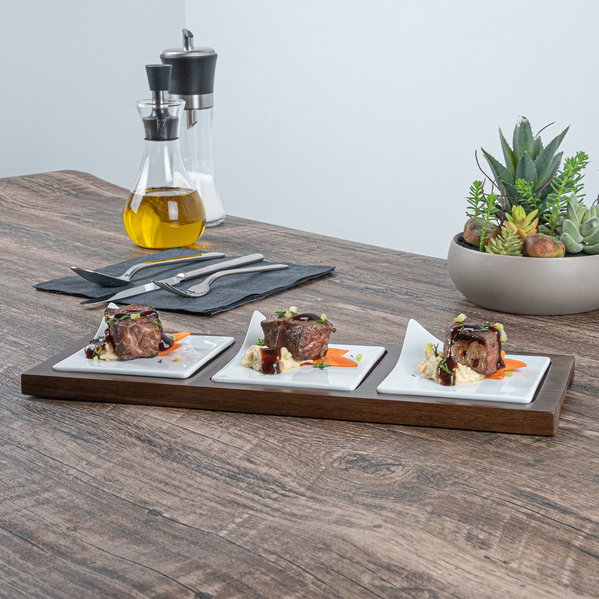 Chef 101 Rectangle White Porcelain Modern Flat Plate Set - 3 Plates, Bamboo Tray - 14 1/4" x 5" x 1 1/2" - 1 count box