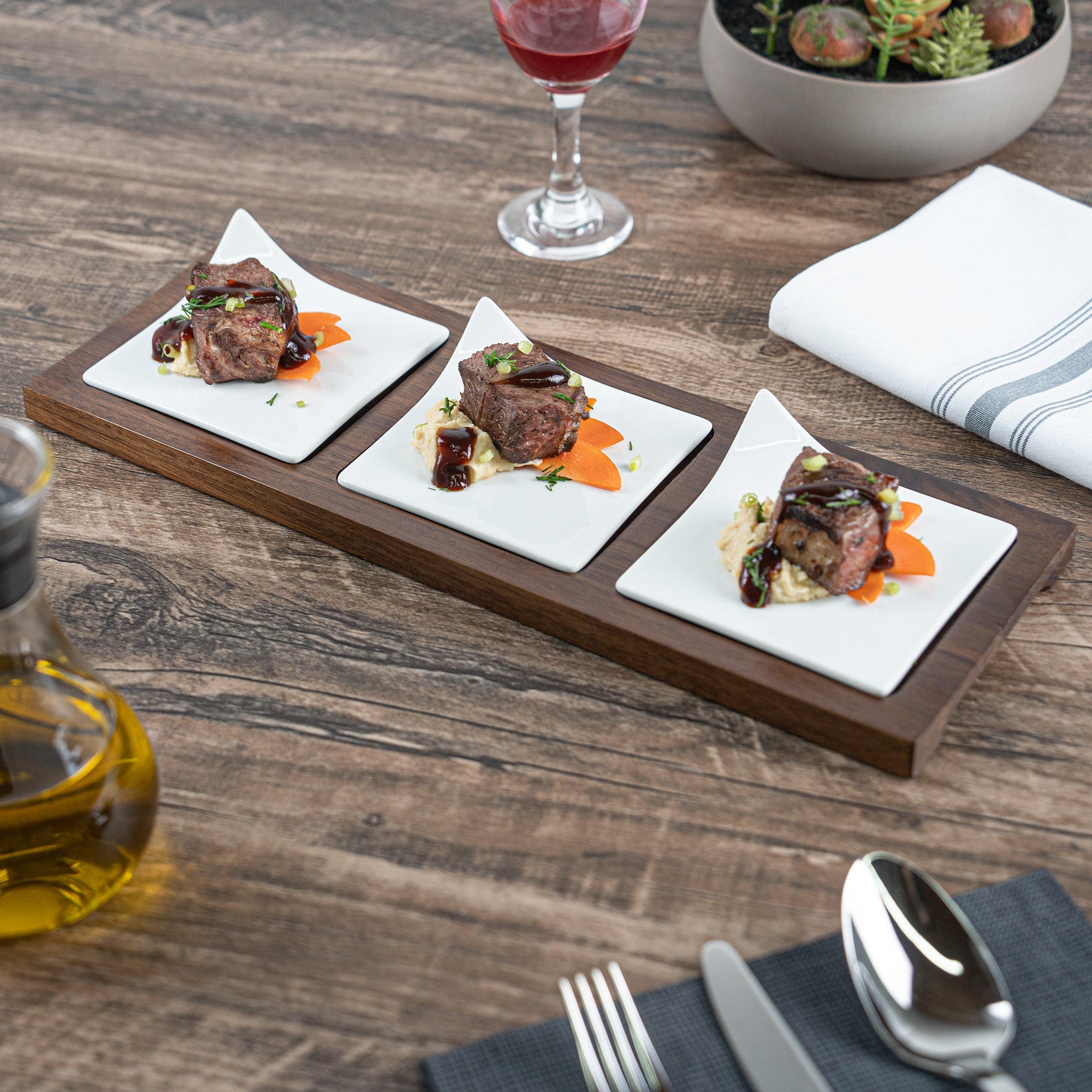 Chef 101 Rectangle White Porcelain Modern Flat Plate Set - 3 Plates, Bamboo Tray - 14 1/4" x 5" x 1 1/2" - 1 count box