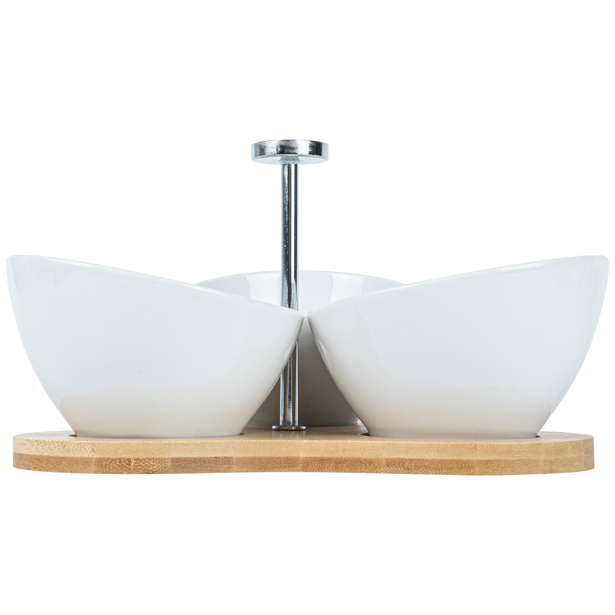 Chef 101 15 oz Rectangle White Porcelain Incline Bowl Set - 3 Bowls, Bamboo Tray - 8 3/4" x 8" x 5" - 1 count box