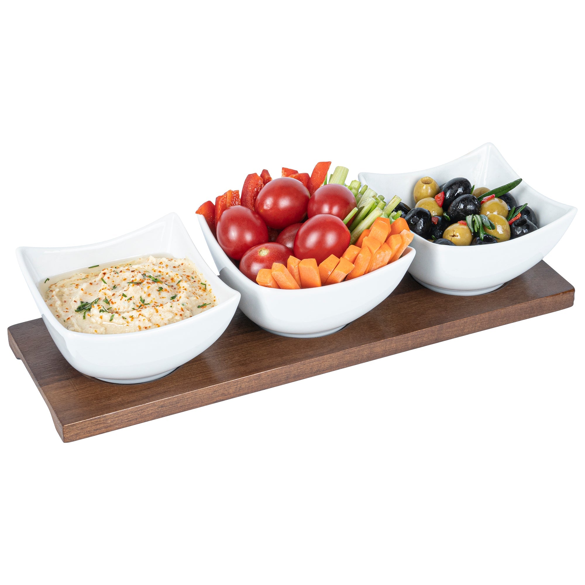 Chef 101 15 oz Rectangle White Porcelain Cocktail Bowl Set - 3 Bowls, Bamboo Tray - 12" x 4" x 2 1/2" - 1 count box