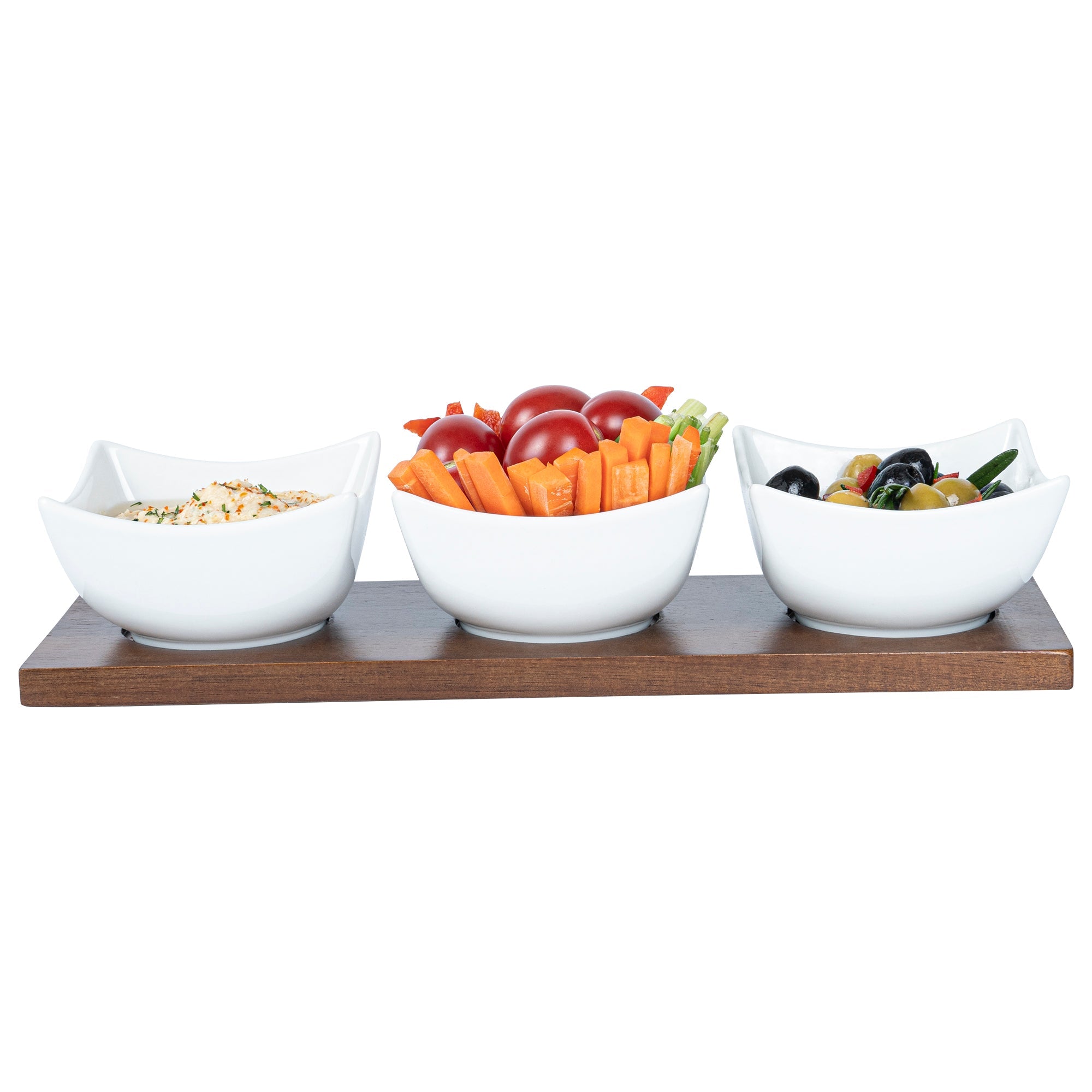 Chef 101 15 oz Rectangle White Porcelain Cocktail Bowl Set - 3 Bowls, Bamboo Tray - 12" x 4" x 2 1/2" - 1 count box