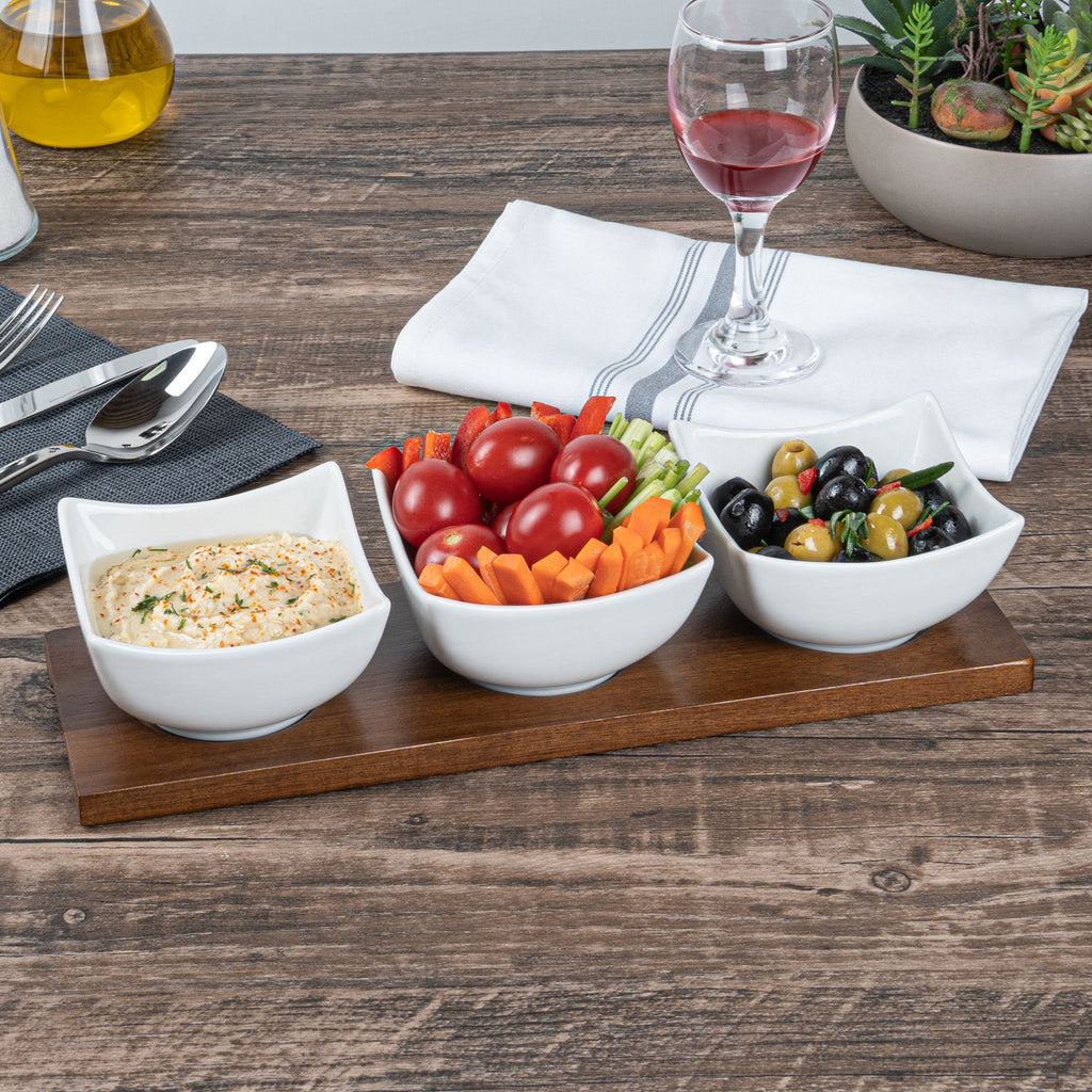 Chef 101 15 oz Rectangle White Porcelain Cocktail Bowl Set - 3 Bowls, Bamboo Tray - 12" x 4" x 2 1/2" - 1 count box