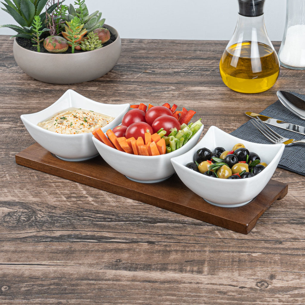 Chef 101 15 oz Rectangle White Porcelain Cocktail Bowl Set - 3 Bowls, Bamboo Tray - 12" x 4" x 2 1/2" - 1 count box