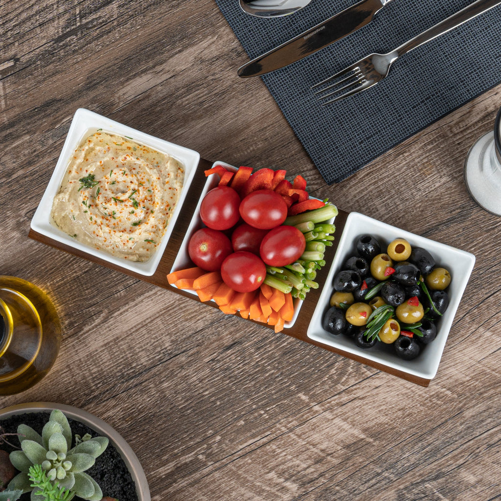 Chef 101 15 oz Rectangle White Porcelain Cocktail Bowl Set - 3 Bowls, Bamboo Tray - 12" x 4" x 2 1/2" - 1 count box