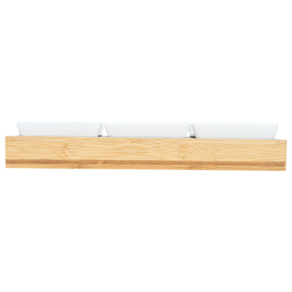 Chef 101 6 oz Rectangle White Porcelain Modern Bowl Set - 3 Bowls, Bamboo Tray - 11 3/4" x 4 1/4" x 2" - 1 count box