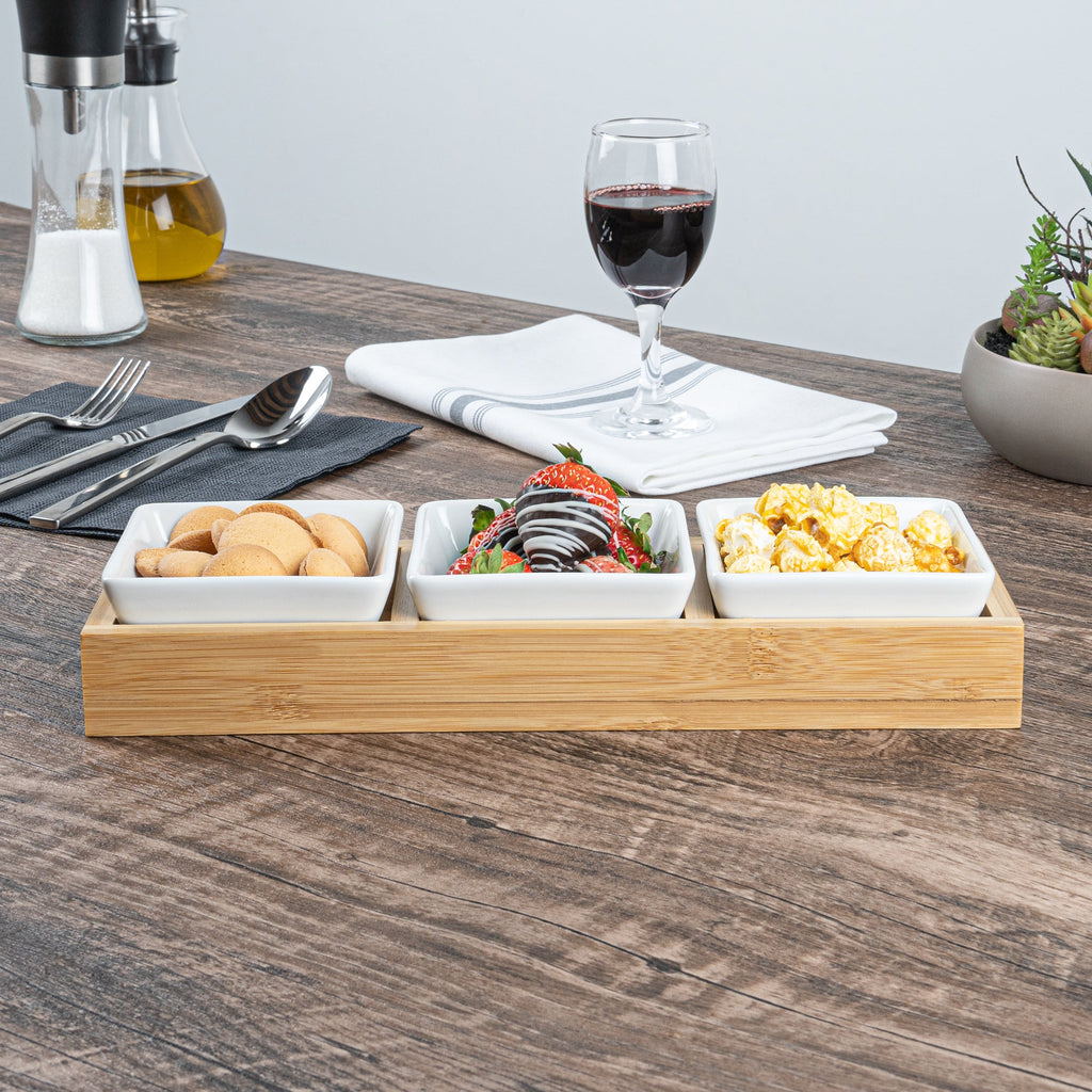 Chef 101 6 oz Rectangle White Porcelain Modern Bowl Set - 3 Bowls, Bamboo Tray - 11 3/4" x 4 1/4" x 2" - 1 count box
