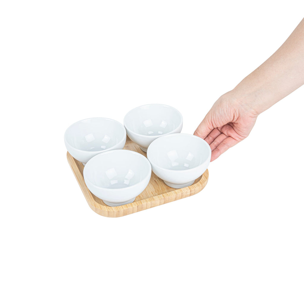 Chef 101 20 oz Rectangle White Porcelain Coppa Bowl Set - 4 Bowls, Bamboo Tray - 7" x 7" x 2 1/4" - 1 count box