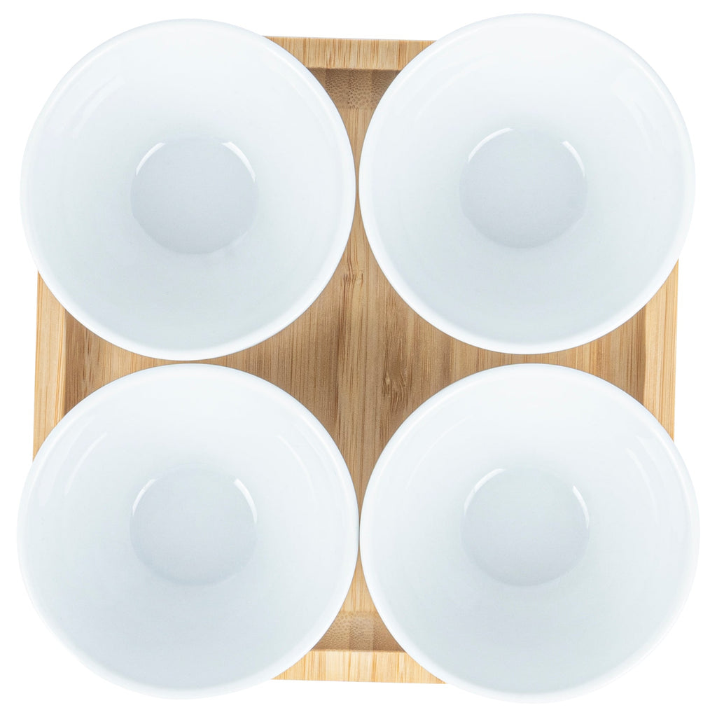 Chef 101 20 oz Rectangle White Porcelain Coppa Bowl Set - 4 Bowls, Bamboo Tray - 7" x 7" x 2 1/4" - 1 count box