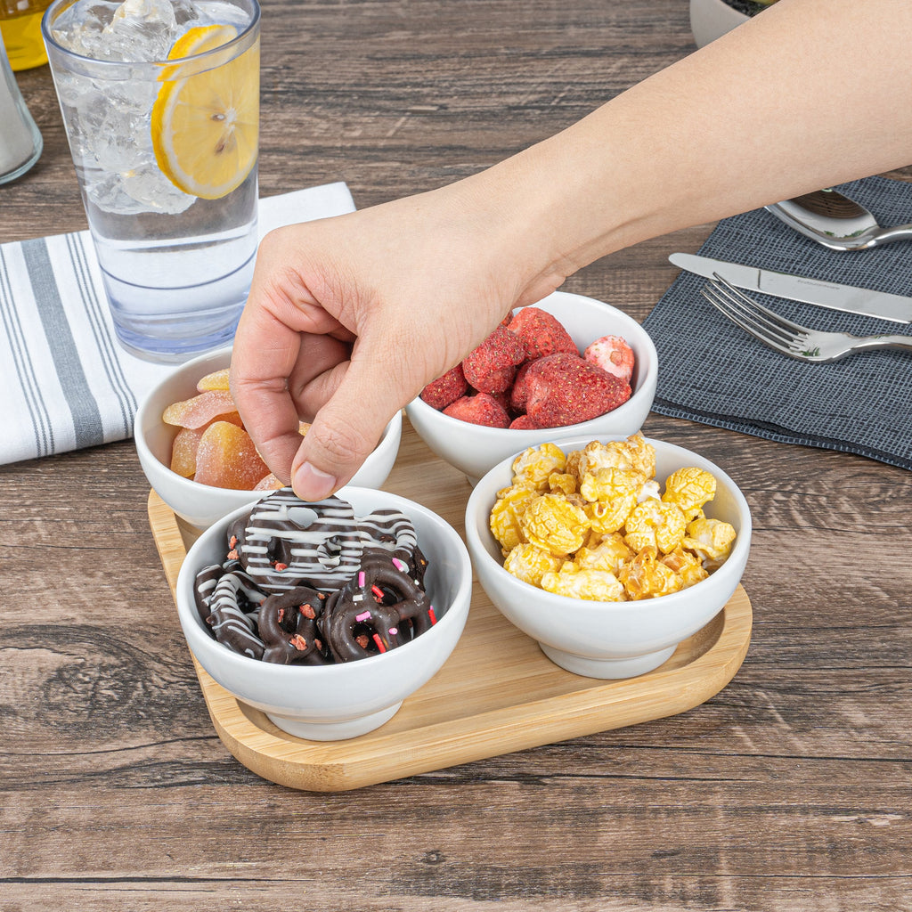 Chef 101 20 oz Rectangle White Porcelain Coppa Bowl Set - 4 Bowls, Bamboo Tray - 7" x 7" x 2 1/4" - 1 count box