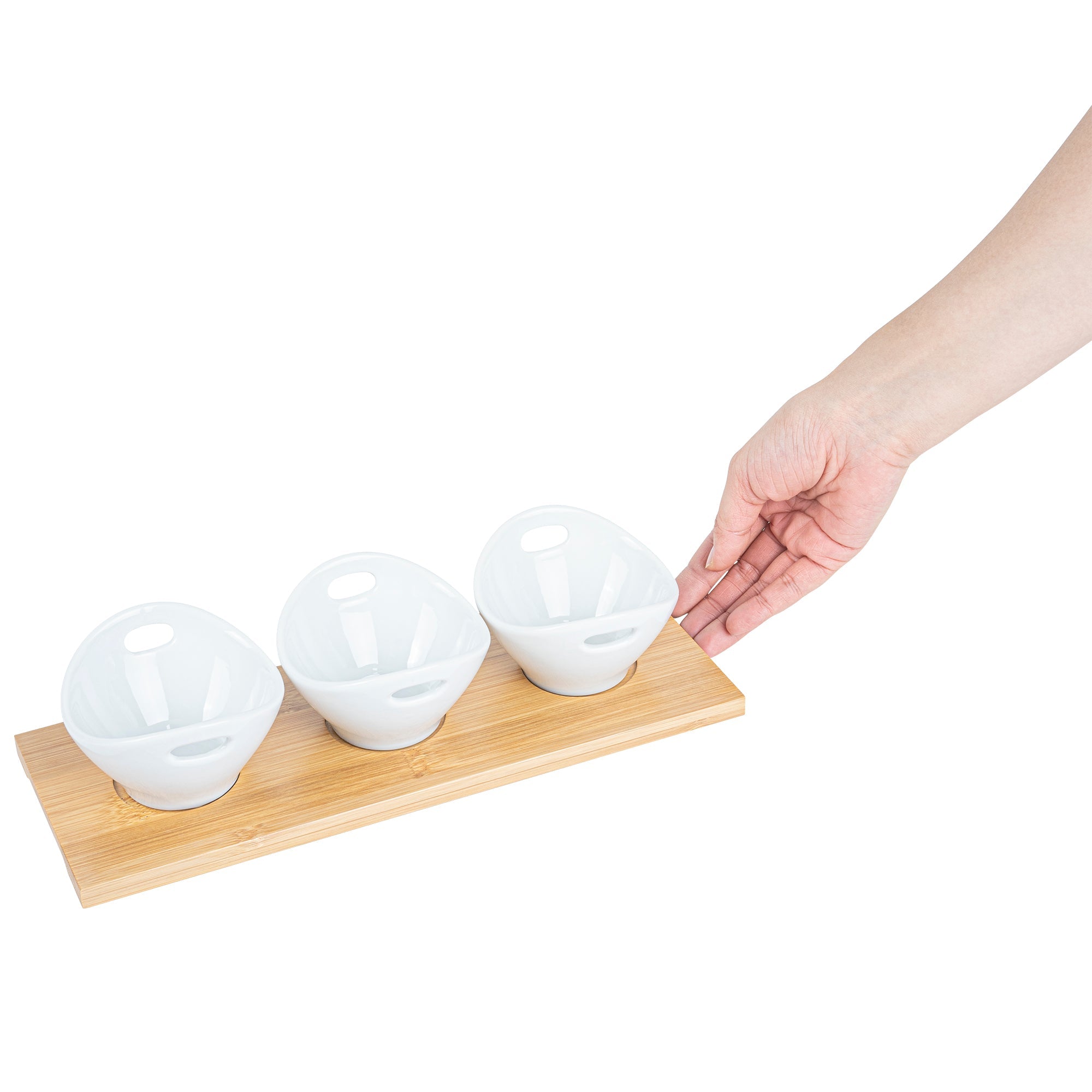 Chef 101 6 oz Rectangle White Porcelain Basket Bowl Set - 3 Bowls, Bamboo Tray - 11 3/4" x 4 1/4" x 2 1/2" - 1 count box