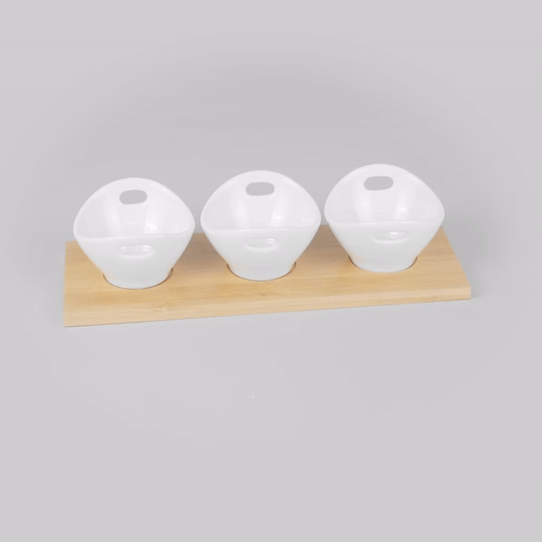 Chef 101 6 oz Rectangle White Porcelain Basket Bowl Set - 3 Bowls, Bamboo Tray - 11 3/4" x 4 1/4" x 2 1/2" - 1 count box