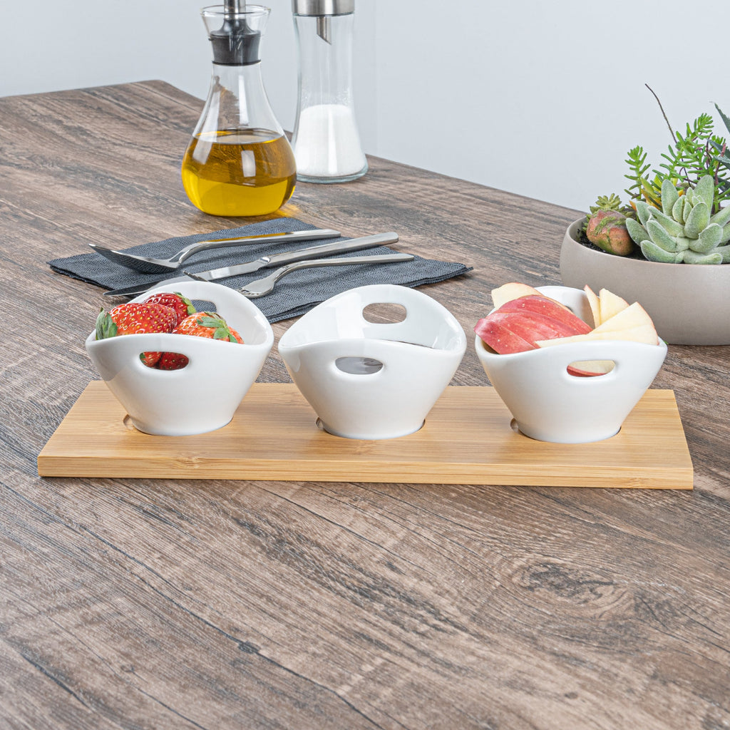 Chef 101 6 oz Rectangle White Porcelain Basket Bowl Set - 3 Bowls, Bamboo Tray - 11 3/4" x 4 1/4" x 2 1/2" - 1 count box