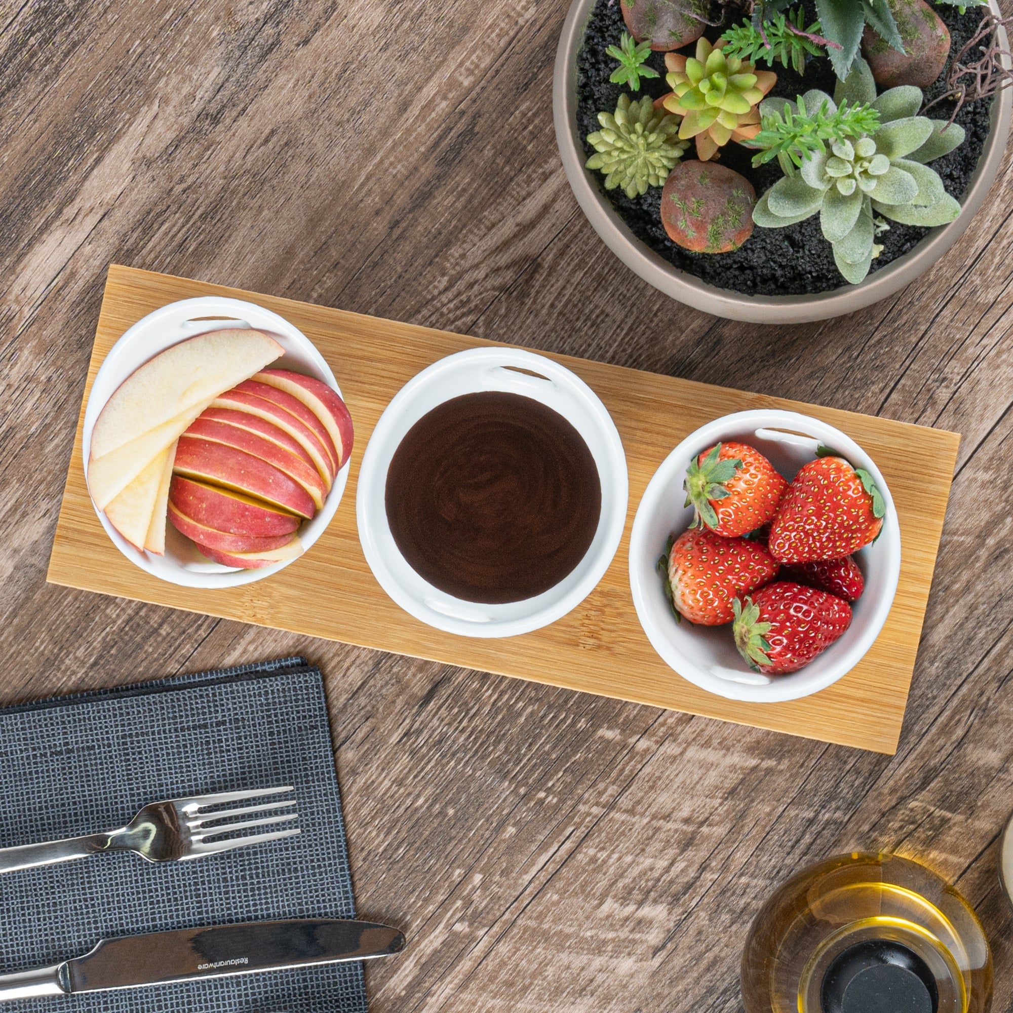Chef 101 6 oz Rectangle White Porcelain Basket Bowl Set - 3 Bowls, Bamboo Tray - 11 3/4" x 4 1/4" x 2 1/2" - 1 count box