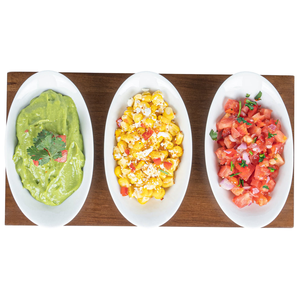 Chef 101 9 oz Rectangle White Porcelain Ellipse Bowl Set - 3 Bowls, Bamboo Tray - 10 1/4" x 5 1/2" x 1 1/2" - 1 count box