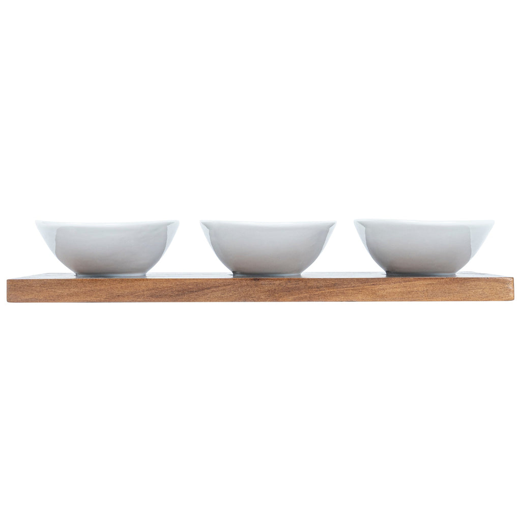 Chef 101 9 oz Rectangle White Porcelain Ellipse Bowl Set - 3 Bowls, Bamboo Tray - 10 1/4" x 5 1/2" x 1 1/2" - 1 count box
