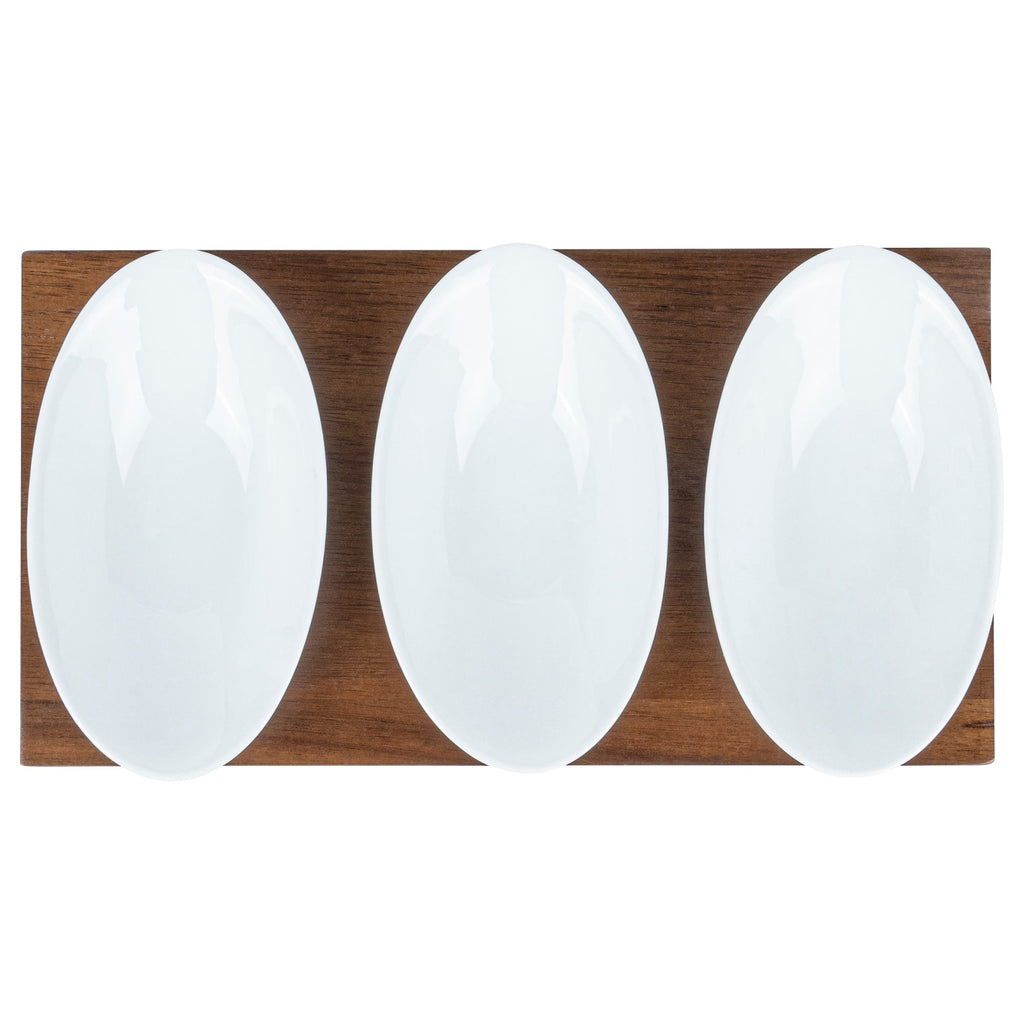 Chef 101 9 oz Rectangle White Porcelain Ellipse Bowl Set - 3 Bowls, Bamboo Tray - 10 1/4" x 5 1/2" x 1 1/2" - 1 count box