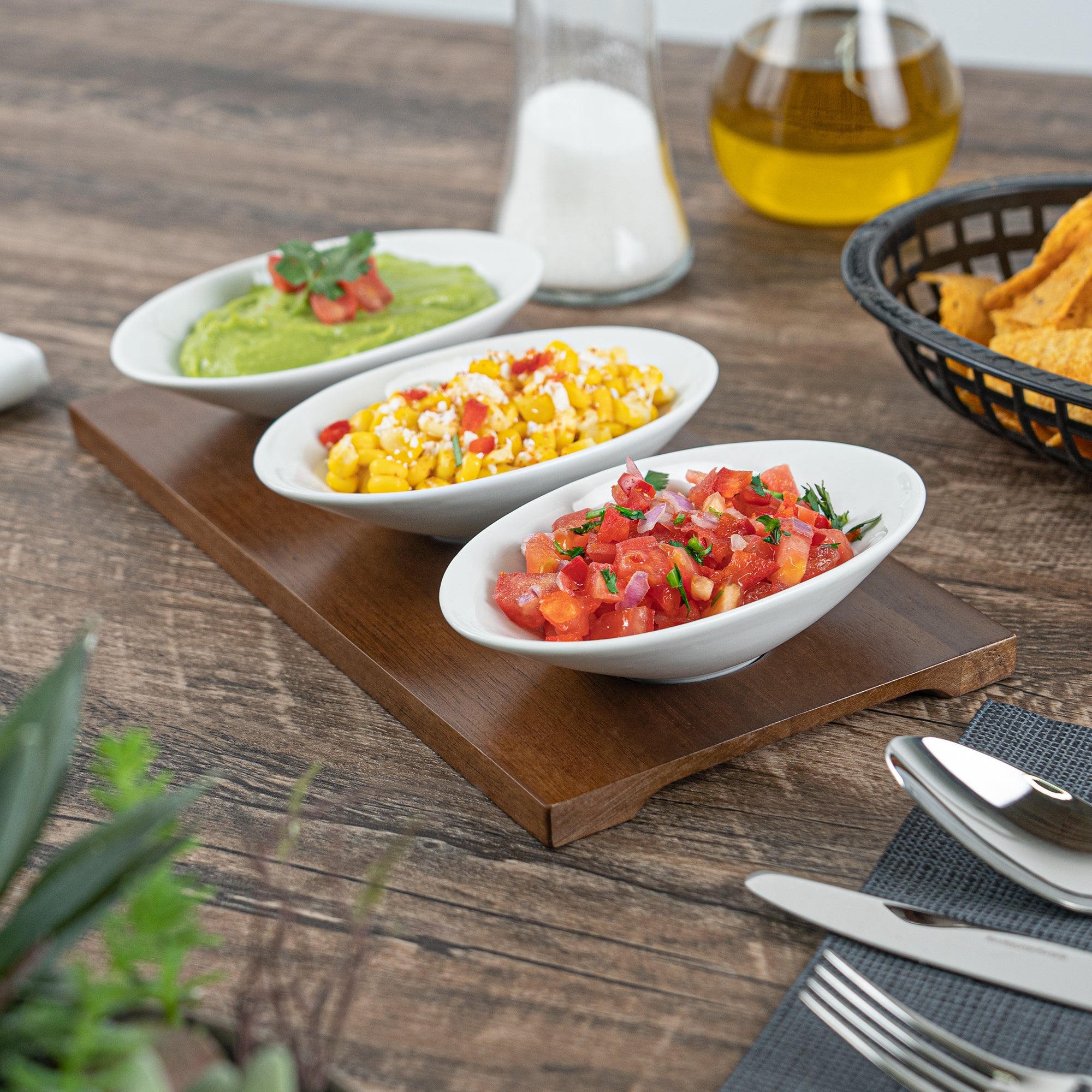 Chef 101 9 oz Rectangle White Porcelain Ellipse Bowl Set - 3 Bowls, Bamboo Tray - 10 1/4" x 5 1/2" x 1 1/2" - 1 count box