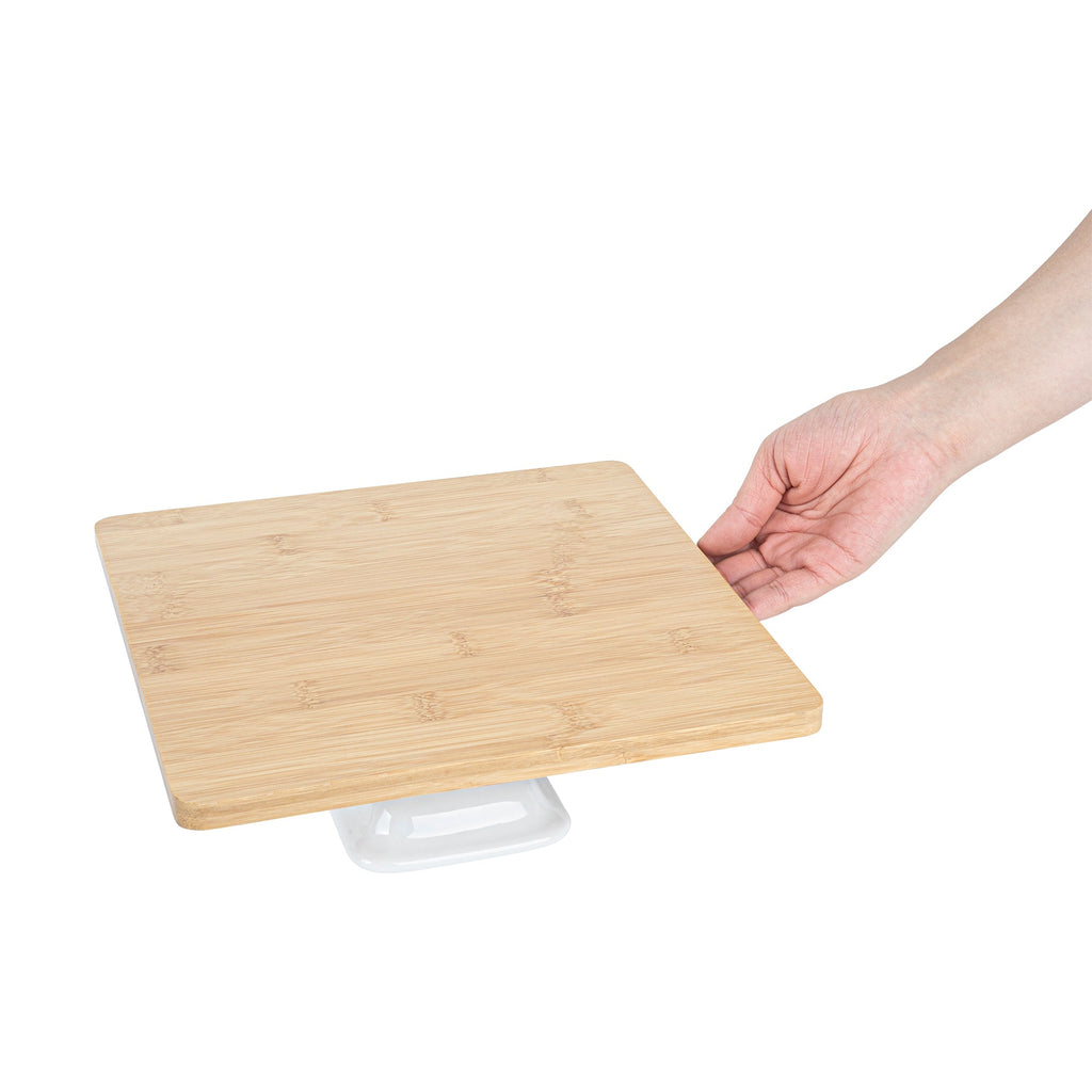 Chef 101 Hamptons Square Bamboo Serving Stand - with Porcelain Base - 9 3/4" x 9 3/4" x 4" - 1 count box