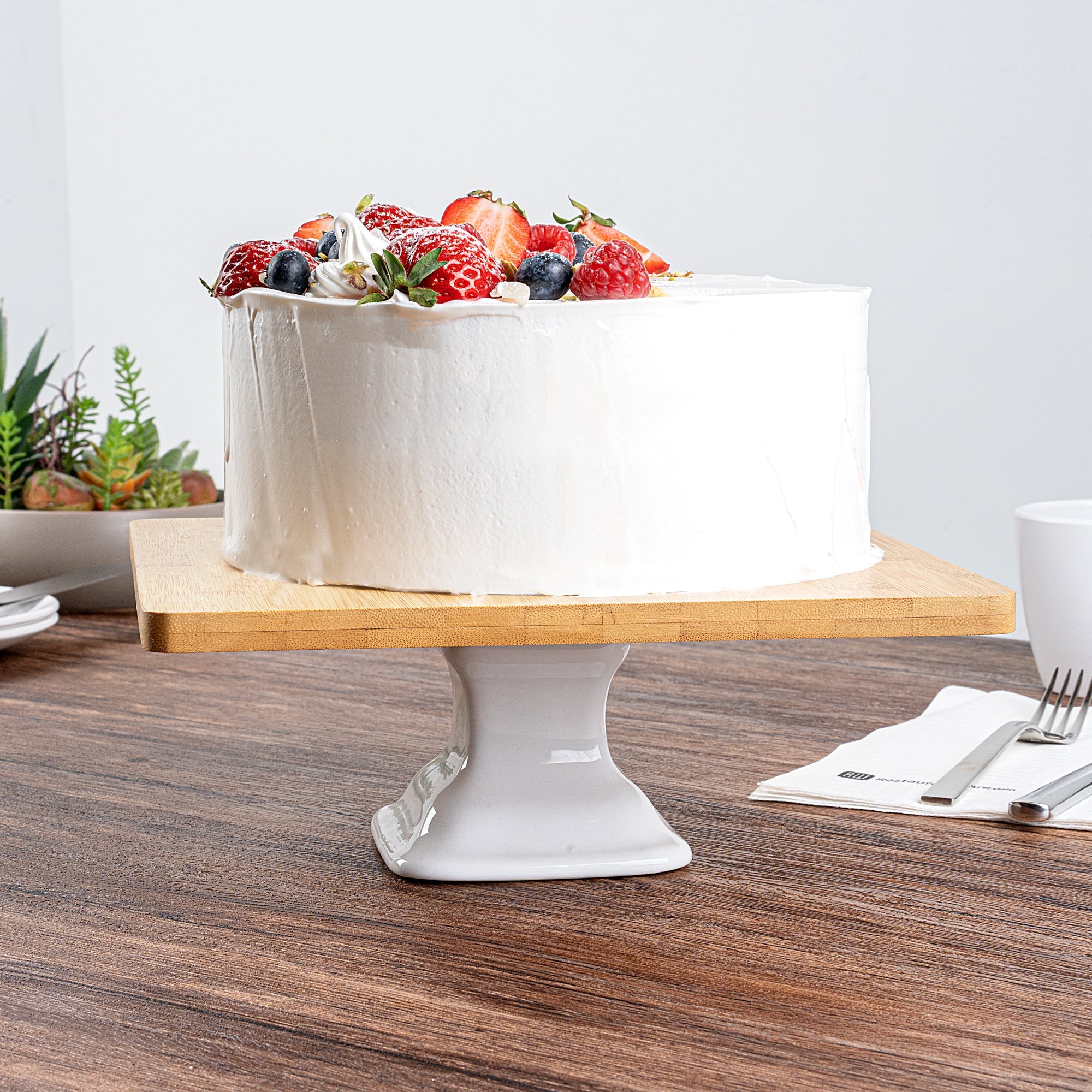 Chef 101 Hamptons Square Bamboo Serving Stand - with Porcelain Base - 9 3/4" x 9 3/4" x 4" - 1 count box
