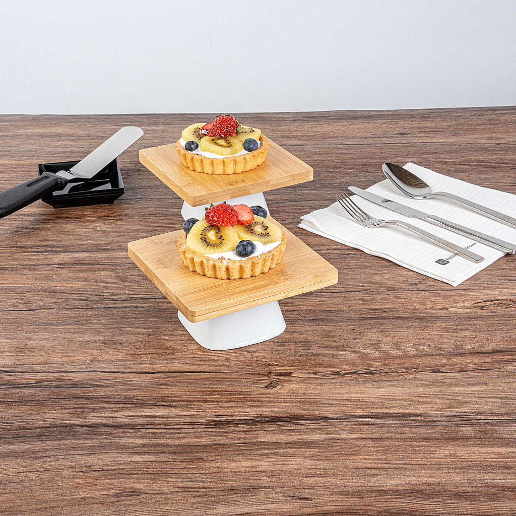 Chef 101 Hamptons Square Bamboo Serving Stand - with Porcelain Base - 5 1/2" x 5 1/2" x 2 1/2" - 1 count box