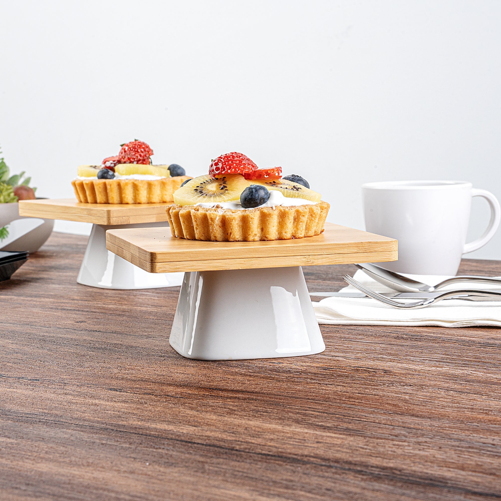 Chef 101 Hamptons Square Bamboo Serving Stand - with Porcelain Base - 5 1/2" x 5 1/2" x 2 1/2" - 1 count box