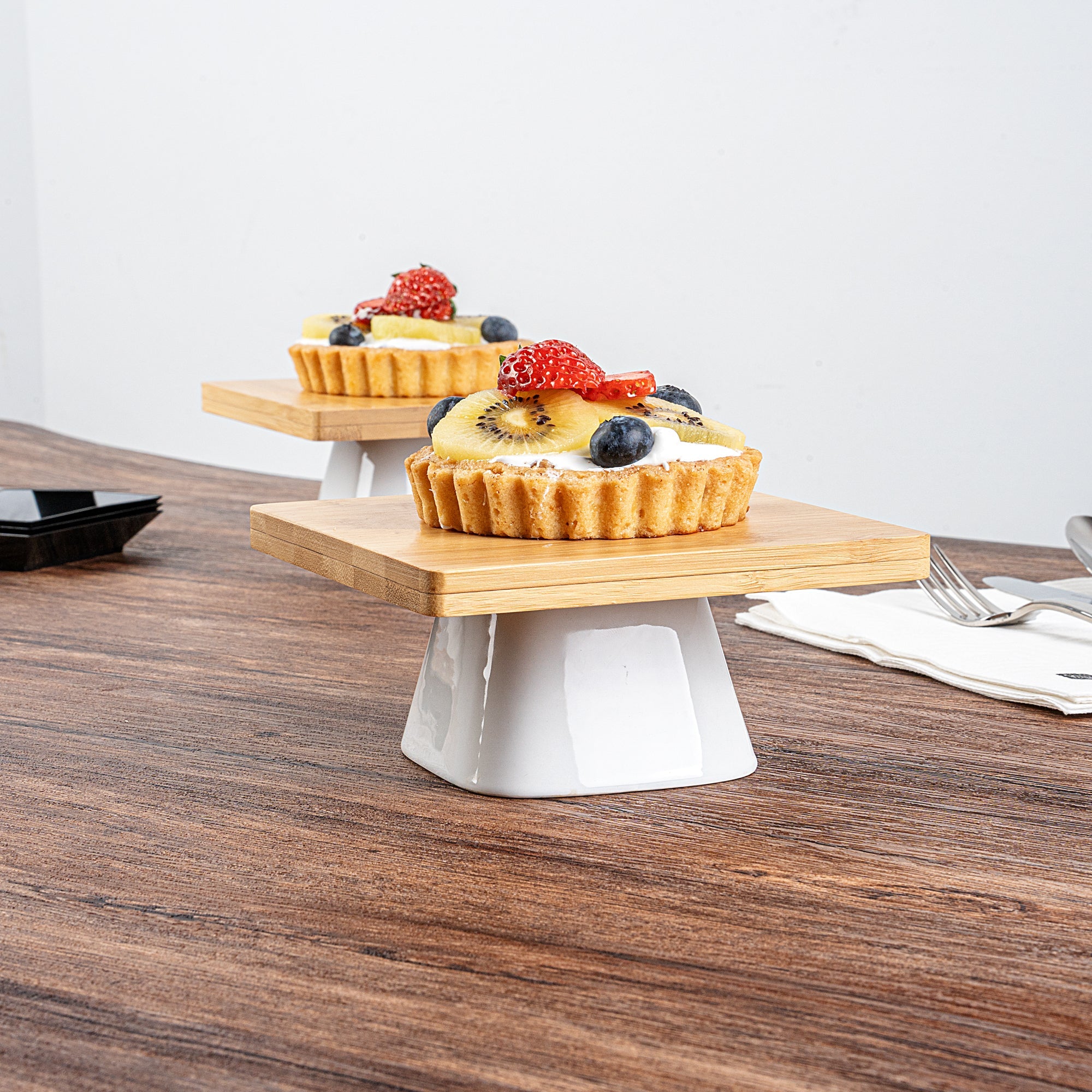 Chef 101 Hamptons Square Bamboo Serving Stand - with Porcelain Base - 5 1/2" x 5 1/2" x 2 1/2" - 1 count box
