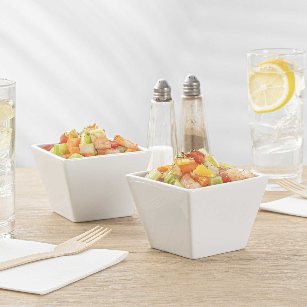 Chef 101 6 oz Square White Porcelain Kova Bowl - 3 1/2" x 3 1/2" x 2 1/2" - 10 count box