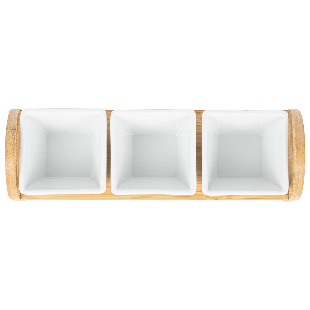 Chef 101 21 oz Rectangle White Porcelain Kova Bowl Set - 3 Bowls, Bamboo Tray - 12" x 3 3/4" x 3 1/2" - 1 count box