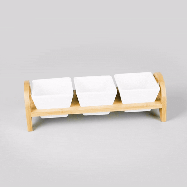 Chef 101 21 oz Rectangle White Porcelain Kova Bowl Set - 3 Bowls, Bamboo Tray - 12" x 3 3/4" x 3 1/2" - 1 count box