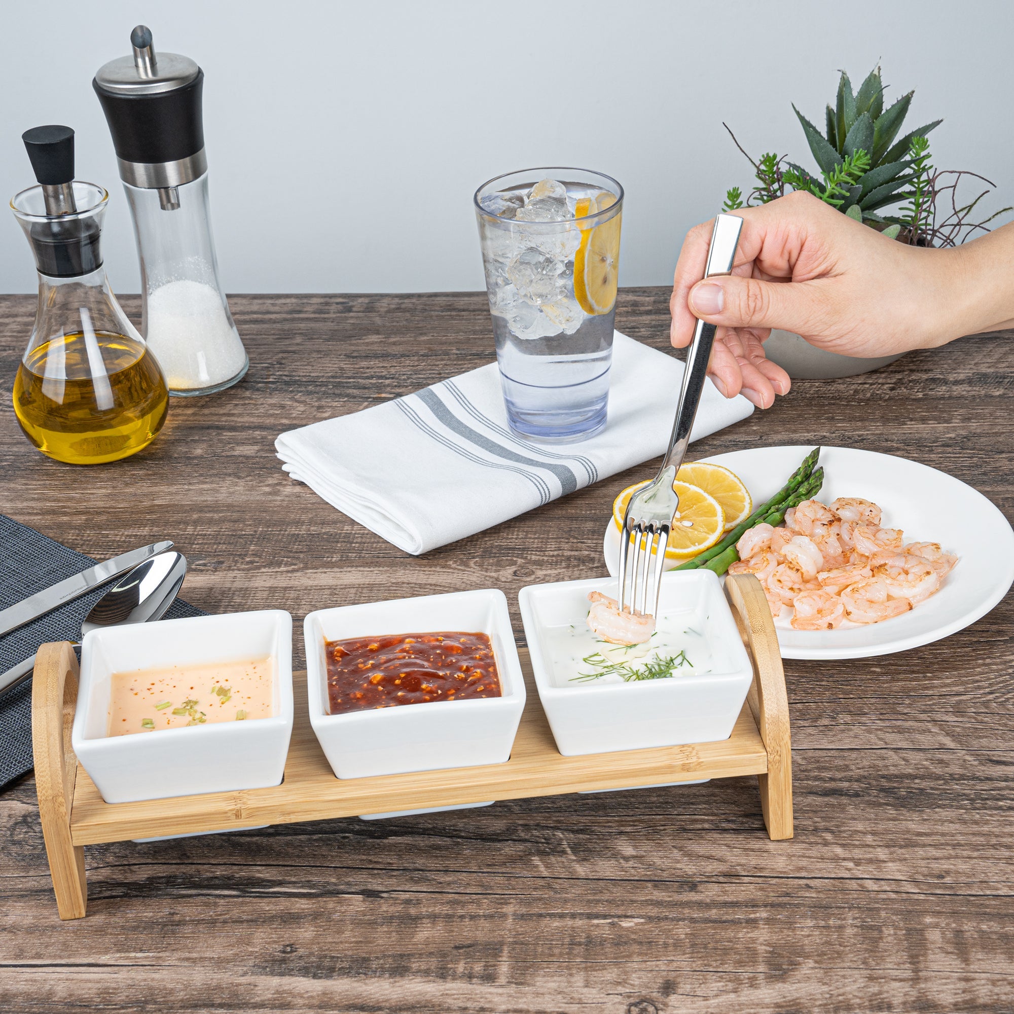 Chef 101 21 oz Rectangle White Porcelain Kova Bowl Set - 3 Bowls, Bamboo Tray - 12" x 3 3/4" x 3 1/2" - 1 count box