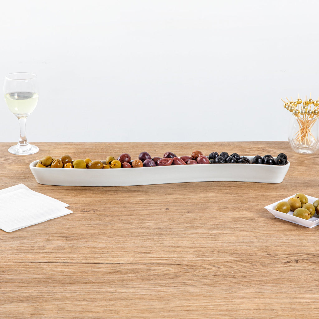 Chef 101 Swerve 14 oz Curved White Porcelain Olive Plate - 17" x 2 1/2" x 1 1/4" - 1 count box