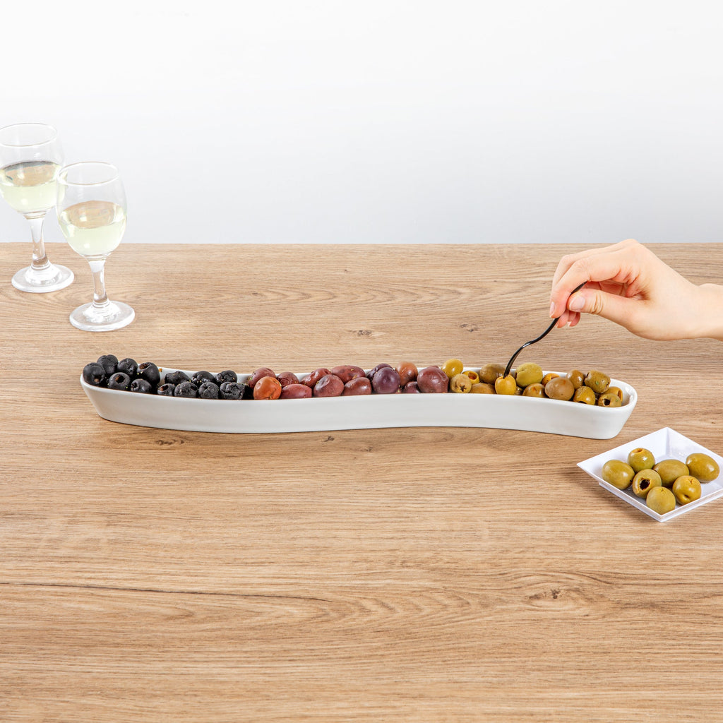 Chef 101 Swerve 14 oz Curved White Porcelain Olive Plate - 17" x 2 1/2" x 1 1/4" - 1 count box