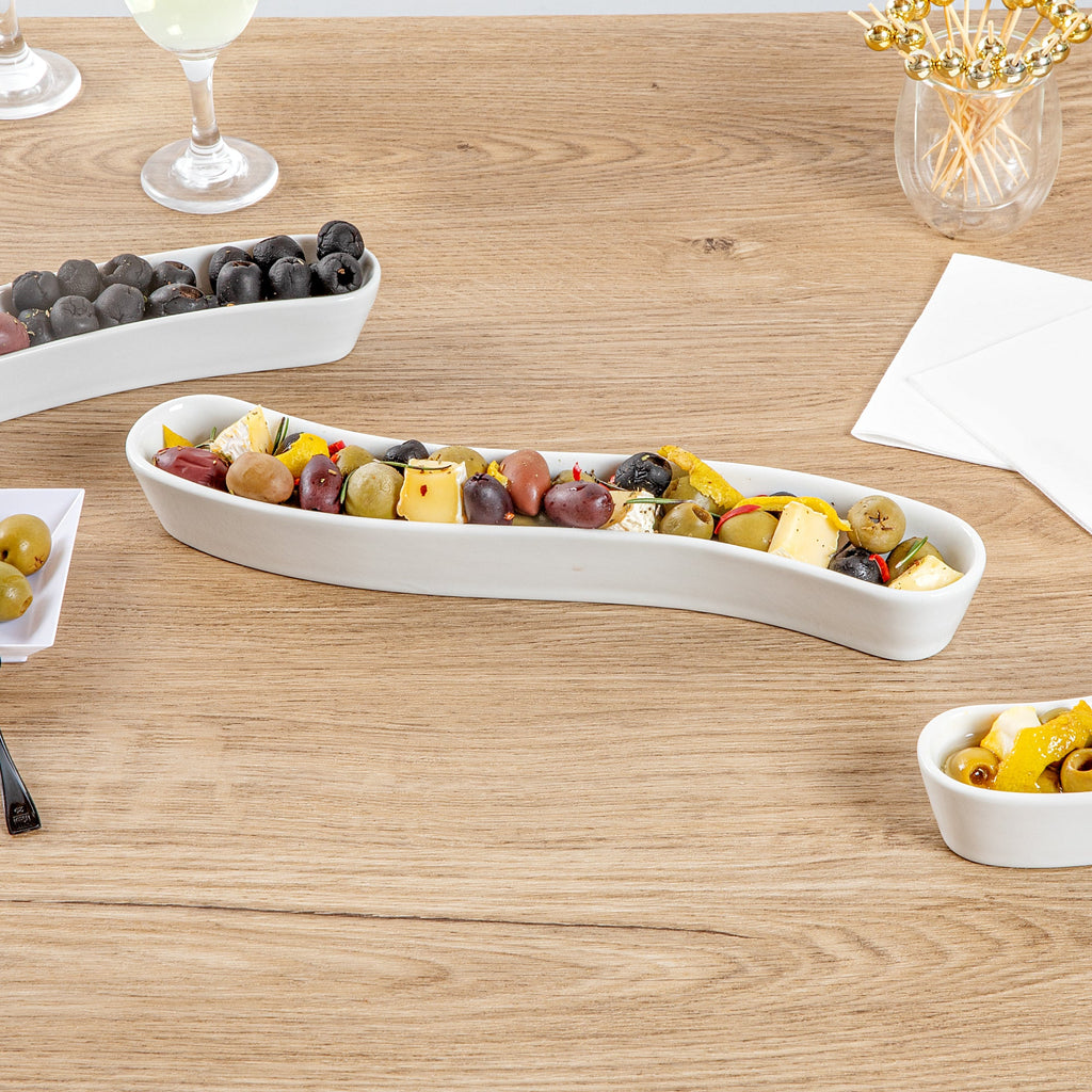 Chef 101 Swerve 10 oz Curved White Porcelain Olive Plate - 12" x 2 1/2" x 1 1/2" - 1 count box