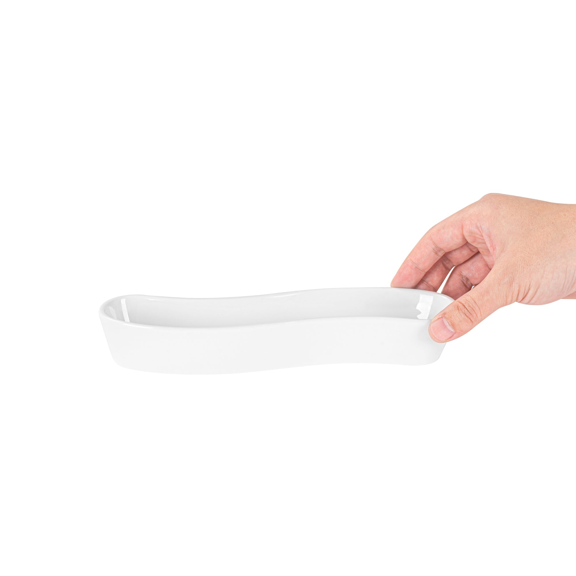 Chef 101 Swerve 6 oz Curved White Porcelain Olive Plate - 8 3/4" x 2 1/4" x 1 1/2" - 1 count box