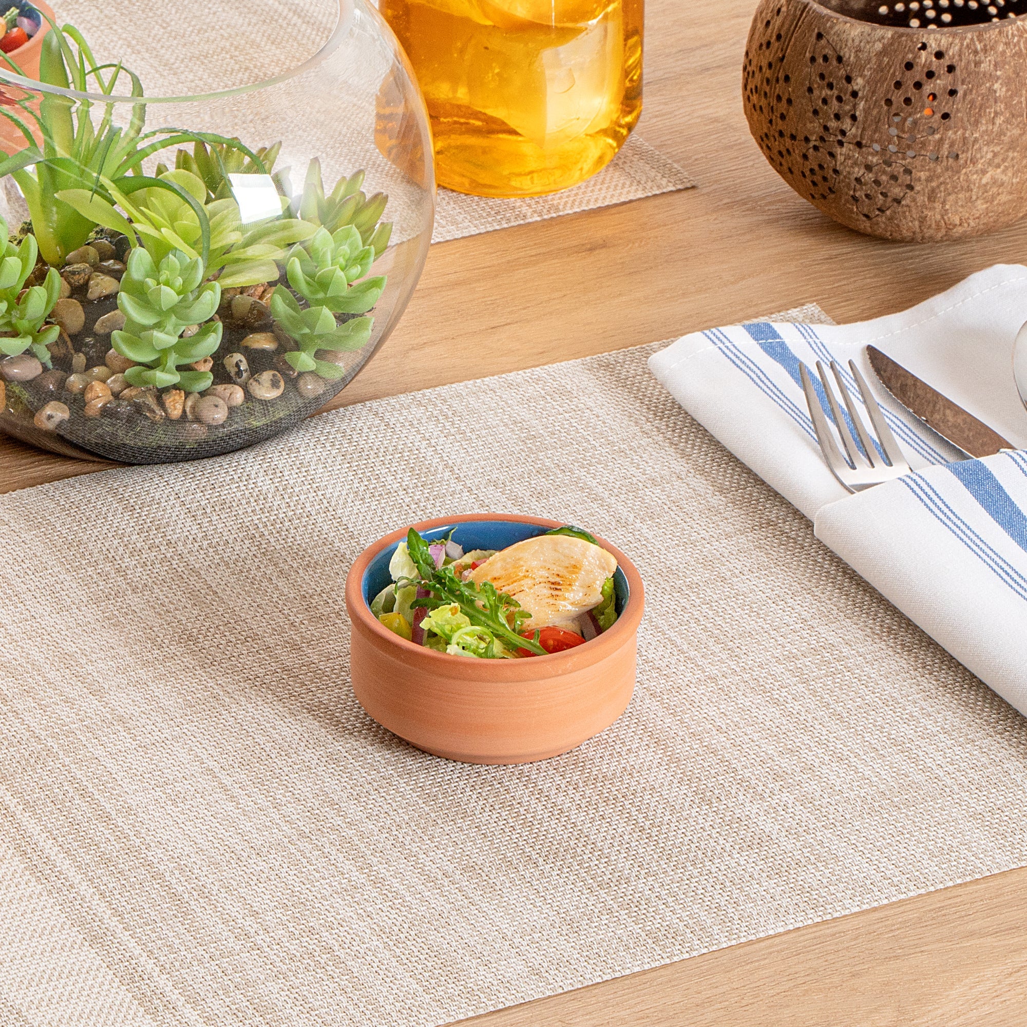 Terra Tek 3 oz Terracotta Cazuela Bowl - Blue Glazed Interior, Oven-Safe, Microwave-Safe - 3 1/4'' x 3 1/4'' x 1 1/2'' - 2 count box