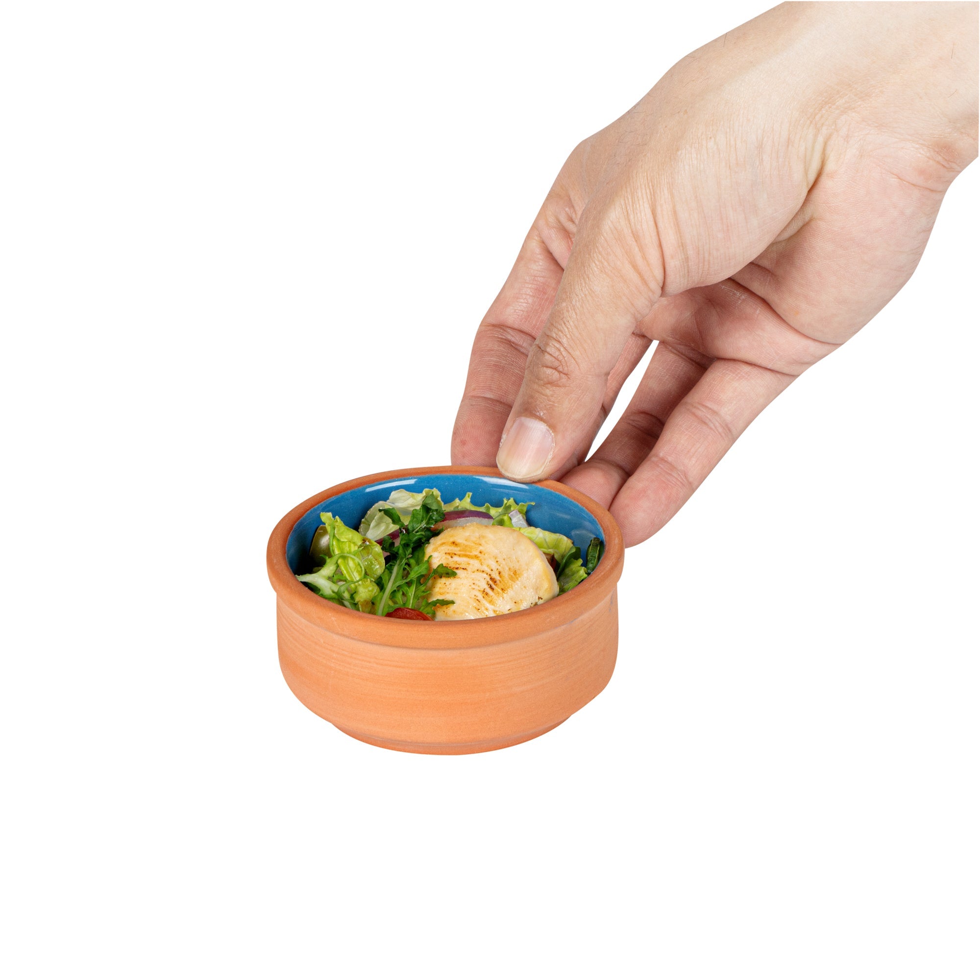 Terra Tek 3 oz Terracotta Cazuela Bowl - Blue Glazed Interior, Oven-Safe, Microwave-Safe - 3 1/4'' x 3 1/4'' x 1 1/2'' - 2 count box