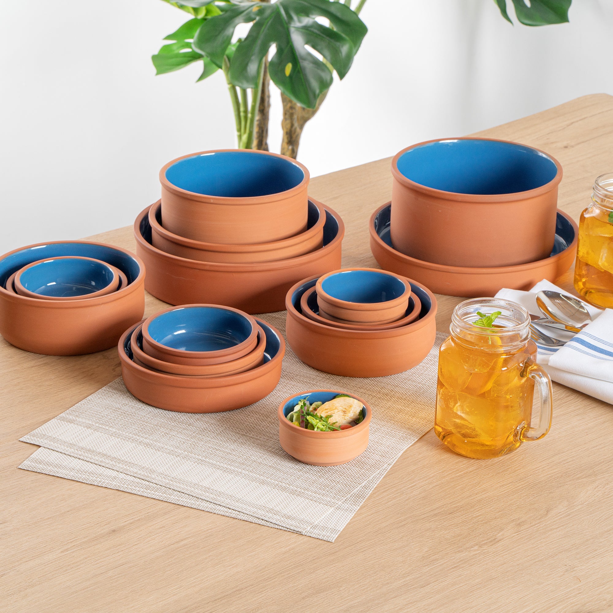 Terra Tek 3 oz Terracotta Cazuela Bowl - Blue Glazed Interior, Oven-Safe, Microwave-Safe - 3 1/4'' x 3 1/4'' x 1 1/2'' - 2 count box