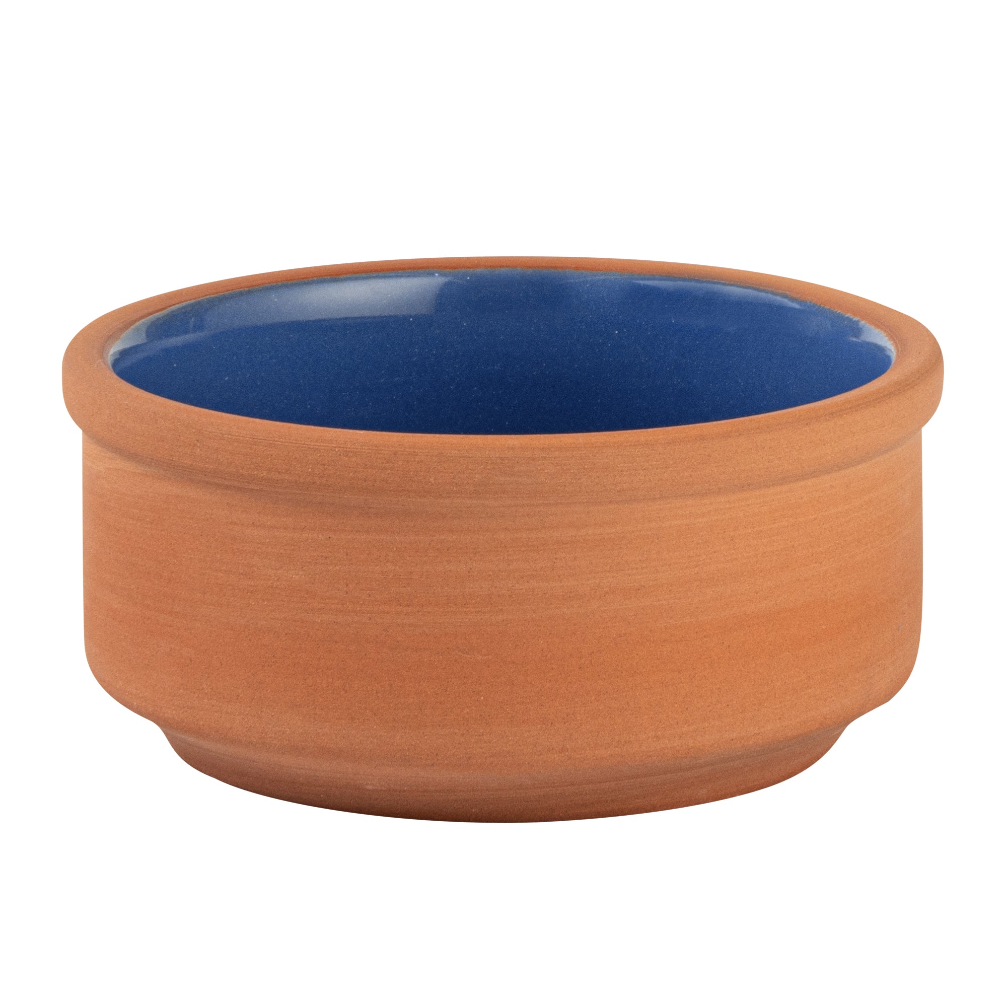 Terra Tek 3 oz Terracotta Cazuela Bowl - Blue Glazed Interior, Oven-Safe, Microwave-Safe - 3 1/4'' x 3 1/4'' x 1 1/2'' - 10 count box