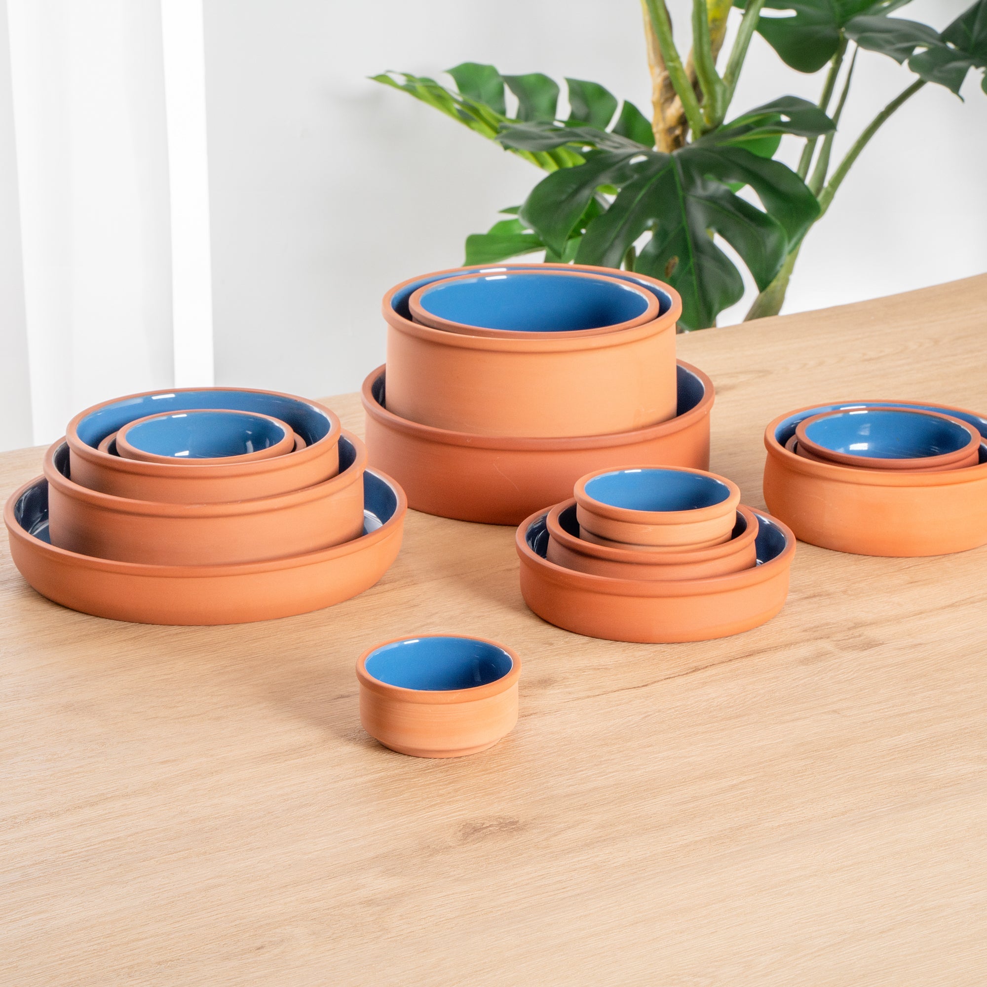 Terra Tek 3 oz Terracotta Cazuela Bowl - Blue Glazed Interior, Oven-Safe, Microwave-Safe - 3 1/4'' x 3 1/4'' x 1 1/2'' - 10 count box
