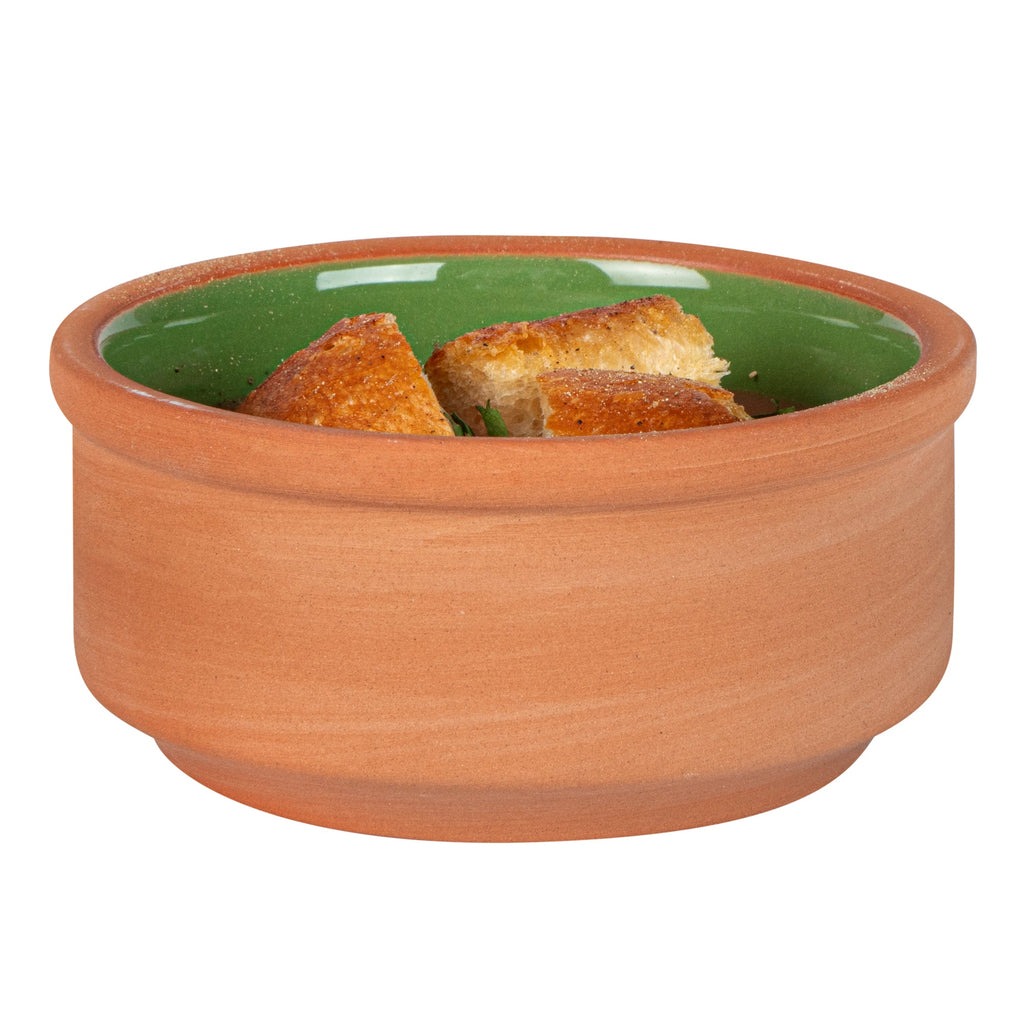 Terra Tek 3 oz Terracotta Cazuela Bowl - Green Glazed Interior, Oven-Safe, Microwave-Safe - 3 1/4'' x 3 1/4'' x 1 1/2'' - 2 count box