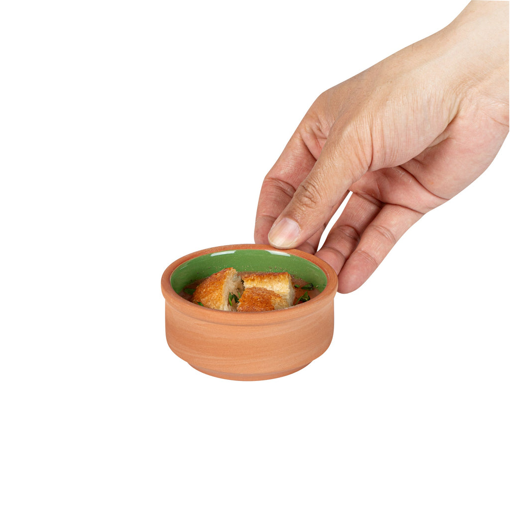 Terra Tek 3 oz Terracotta Cazuela Bowl - Green Glazed Interior, Oven-Safe, Microwave-Safe - 3 1/4'' x 3 1/4'' x 1 1/2'' - 2 count box