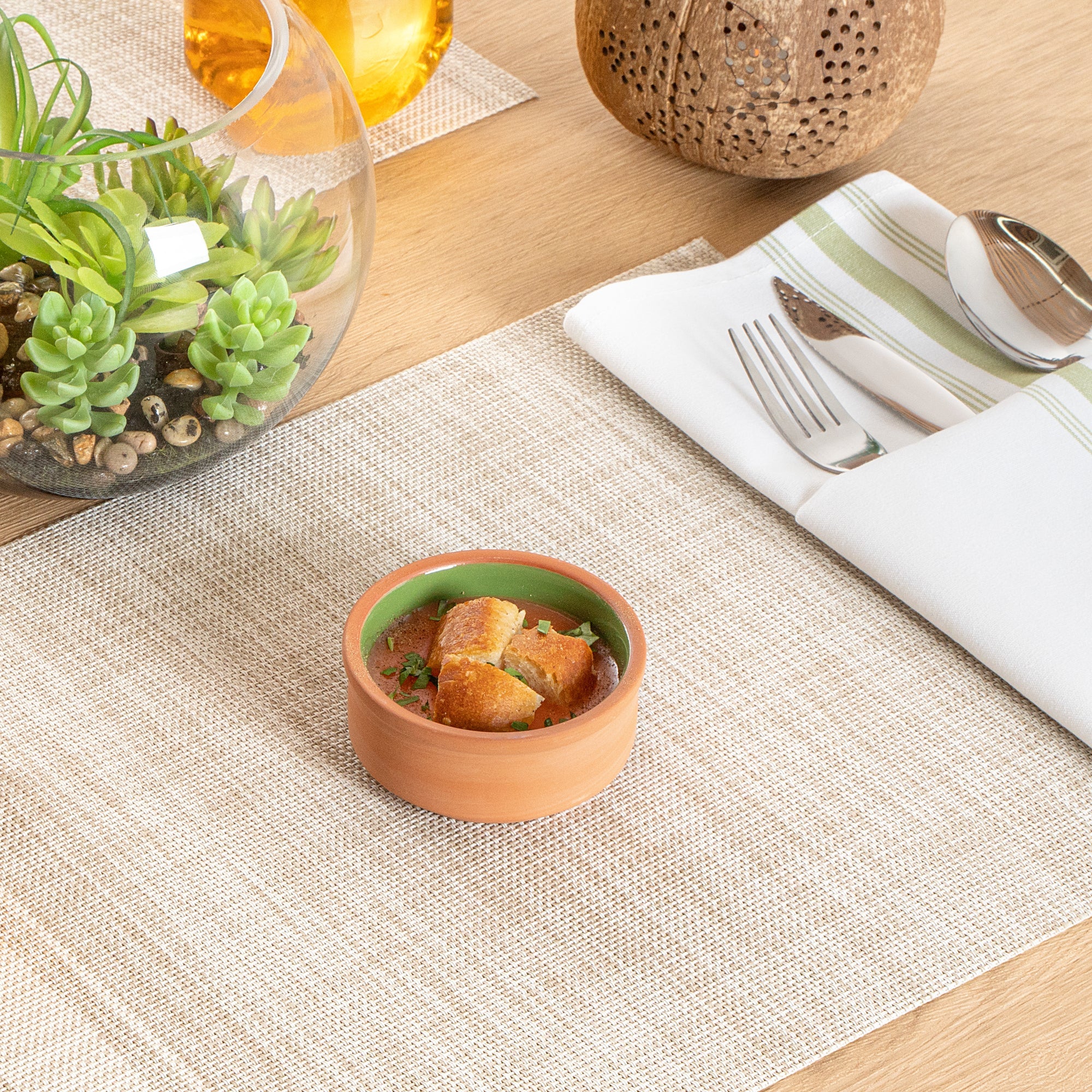 Terra Tek 3 oz Terracotta Cazuela Bowl - Green Glazed Interior, Oven-Safe, Microwave-Safe - 3 1/4'' x 3 1/4'' x 1 1/2'' - 2 count box