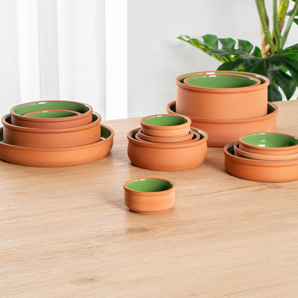Terra Tek 3 oz Terracotta Cazuela Bowl - Green Glazed Interior, Oven-Safe, Microwave-Safe - 3 1/4'' x 3 1/4'' x 1 1/2'' - 2 count box