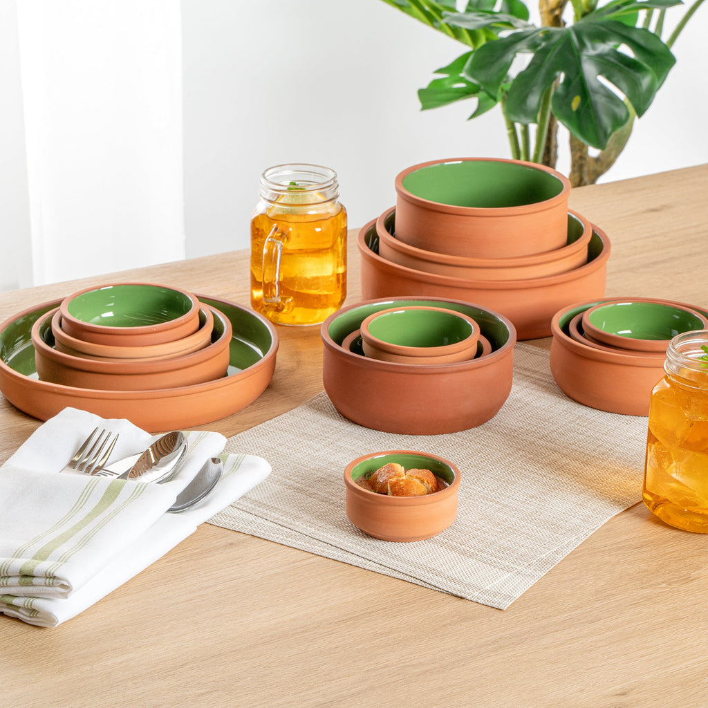 Terra Tek 3 oz Terracotta Cazuela Bowl - Green Glazed Interior, Oven-Safe, Microwave-Safe - 3 1/4'' x 3 1/4'' x 1 1/2'' - 2 count box
